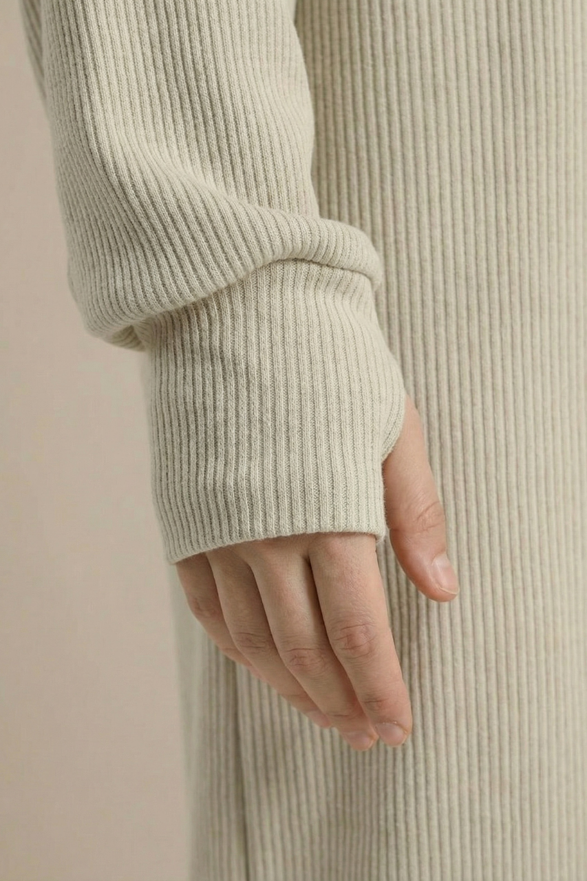 Geripptes Stretch-Kleid mit Kapuze und langen Ärmeln – bequem, elastisch und ideal für moderne, warme Alltagslooks