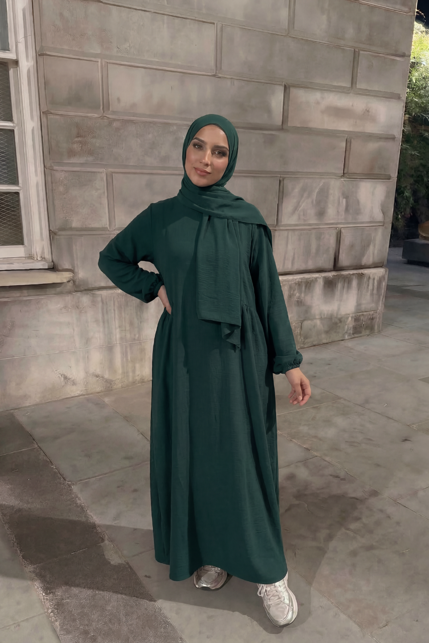 Elegante Damen Abaya in Olivgrün aus Baumwolle mit lockerem Schnitt für Alltag und Gebet
