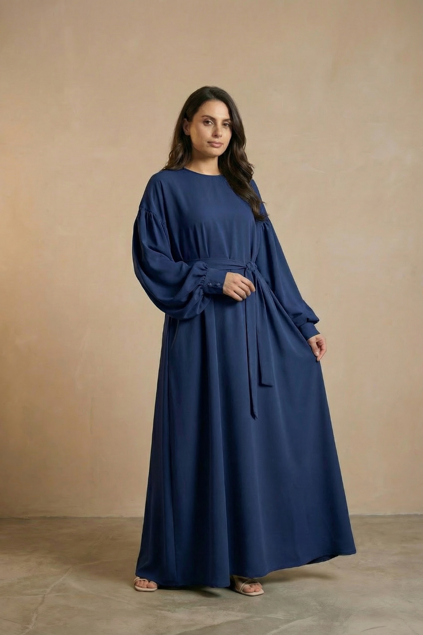 Elegantes Maxikleid Abaya mit geradem Schnitt, Taillengürtel und Reißverschluss – klassischer, fließender Look aus Polyester