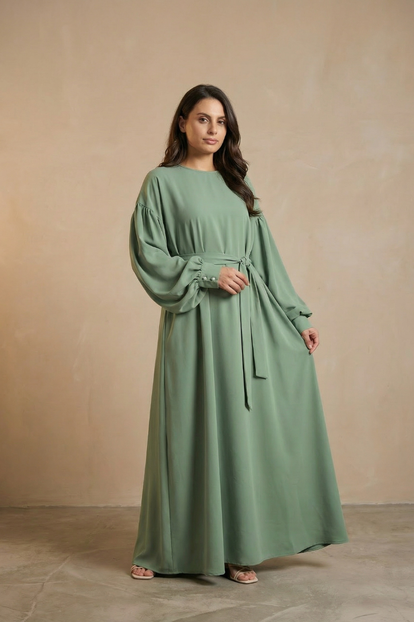Elegantes Maxikleid Abaya mit geradem Schnitt, Taillengürtel und Reißverschluss – klassischer, fließender Look aus Polyester
