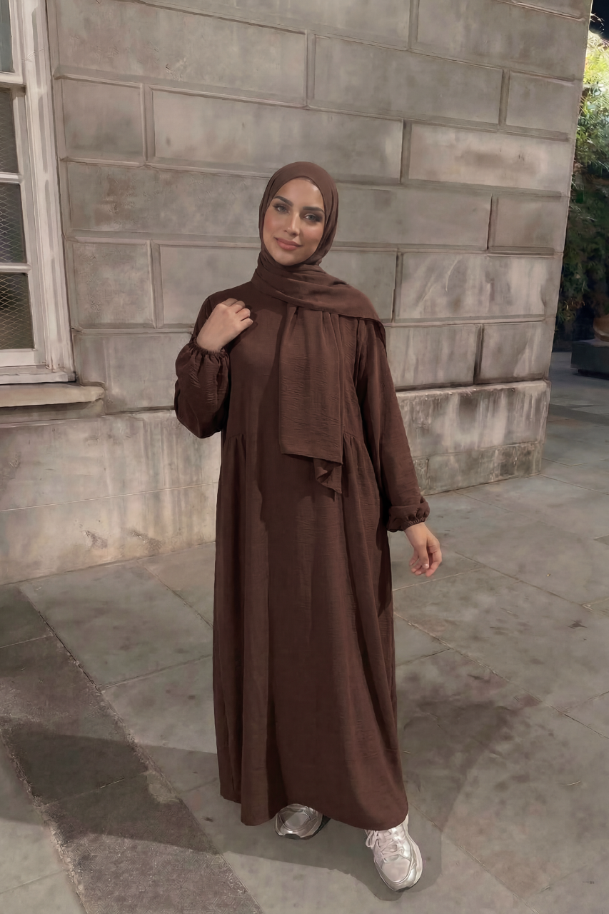 Elegante Damen Abaya in Braun aus Baumwolle mit lockerem Schnitt für Alltag und Gebet