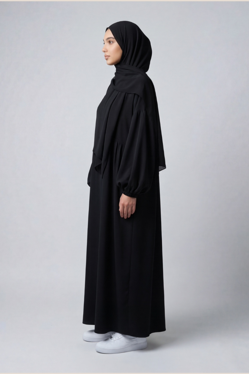 Elegante Damen Abaya in Schwarz aus Baumwolle mit lockerem Schnitt für Alltag und Gebet
