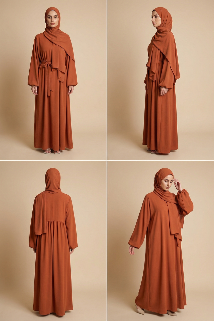 Elegante Abaya mit fließendem Schnitt, Rückenfalten und Reißverschluss – inklusive Schal, bequem und vielseitig für Alltag, Gebet und besondere Anlässe