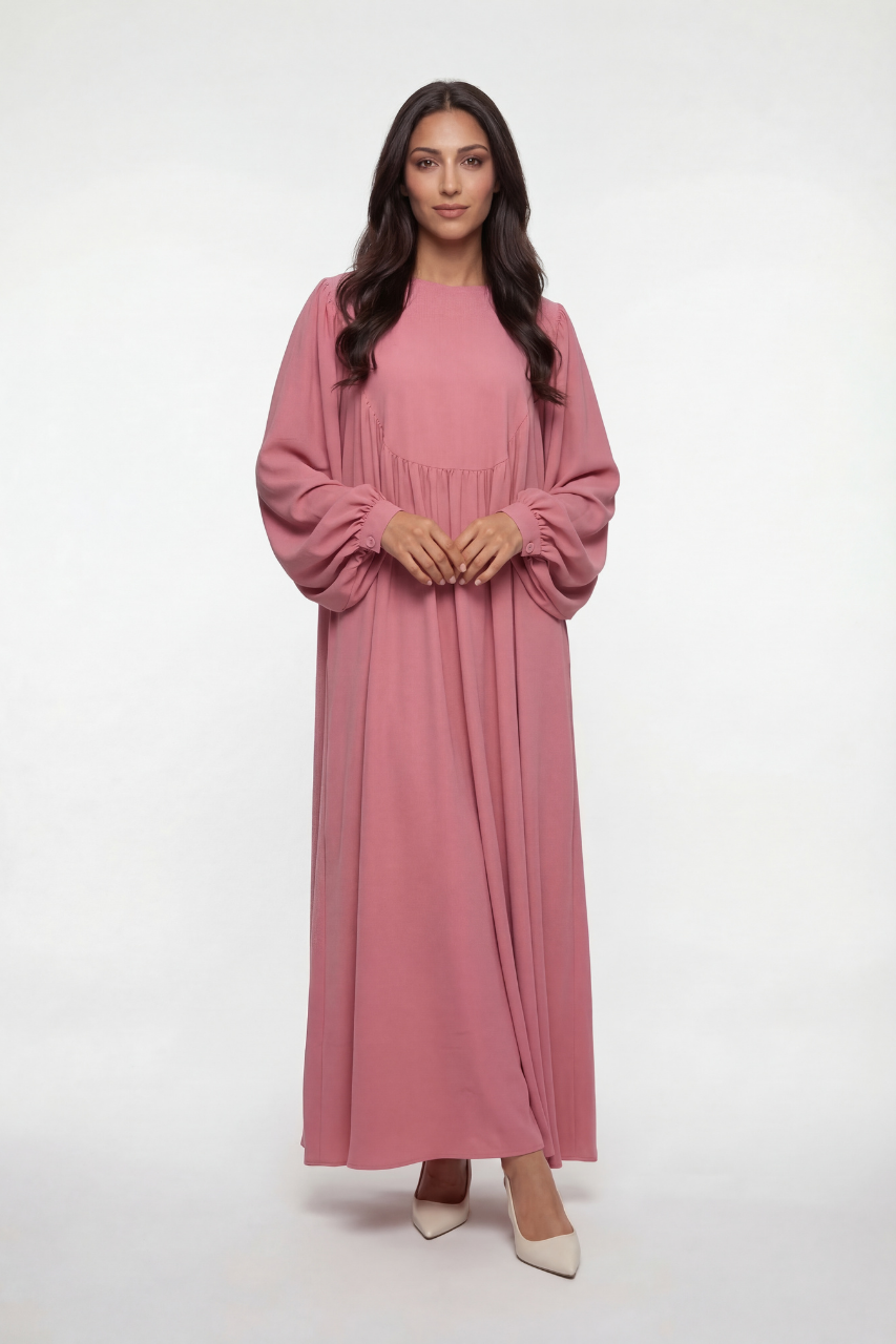 Rosé Abaya Rose Elegance mit fließendem Schnitt und Ballonärmeln – elegantes, feminines Kleid für festliche und stilvolle Looks