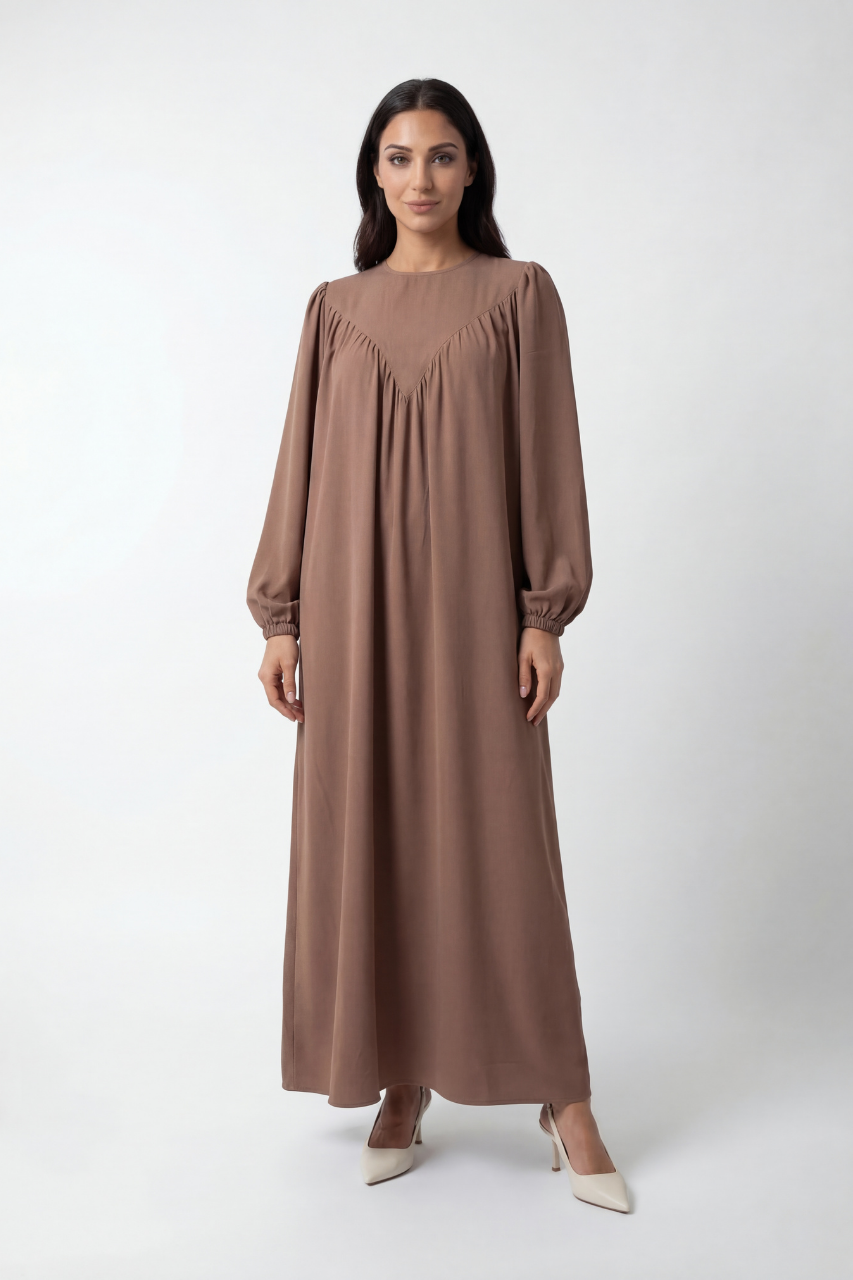 Elegante Abaya mit fließendem Schnitt, V-Falten-Design und Ballonärmeln – stilvoll und bequem für Alltag und besondere Anlässe