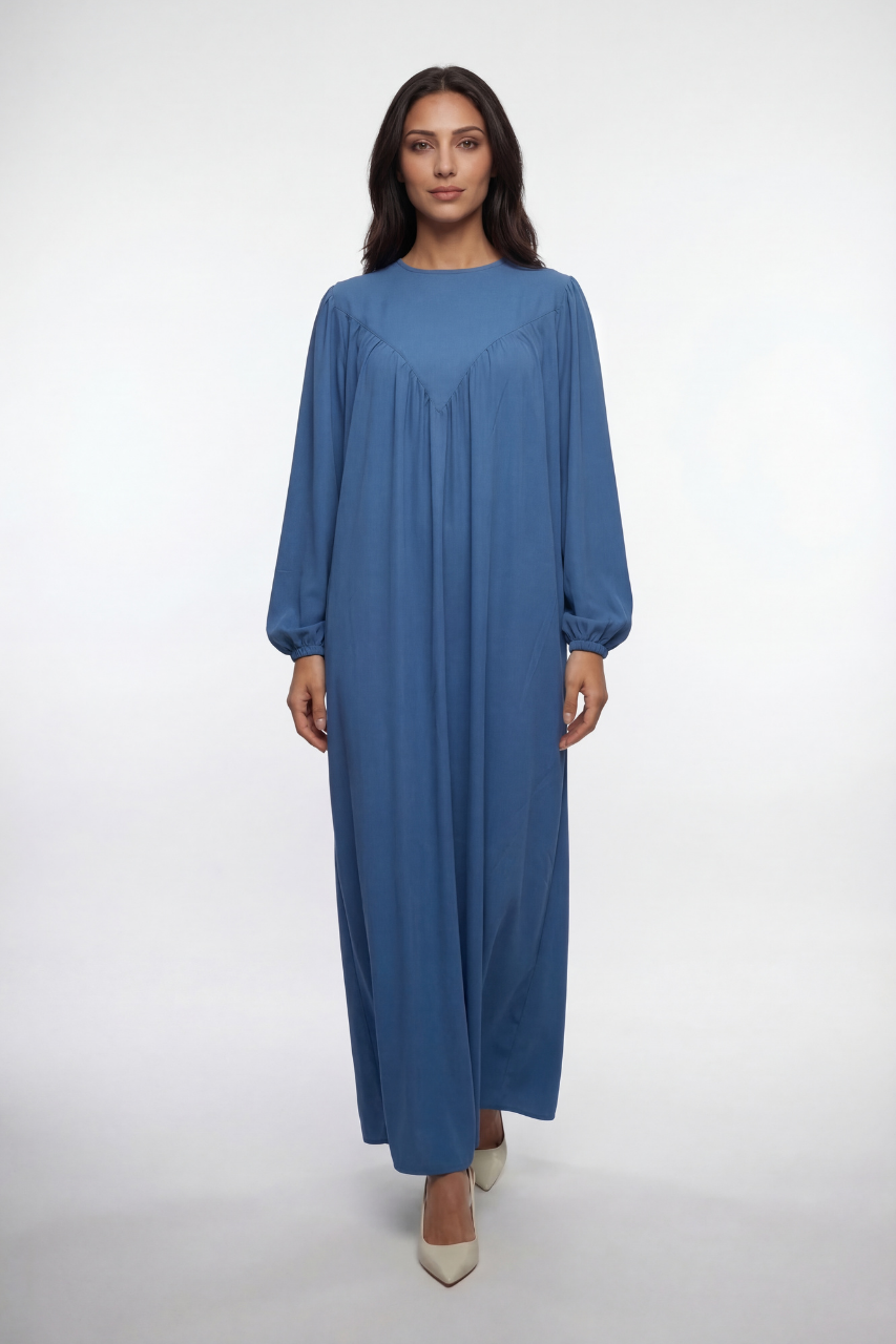 Elegante Abaya mit fließendem Schnitt, V-Falten-Design und Ballonärmeln – stilvoll und bequem für Alltag und besondere Anlässe