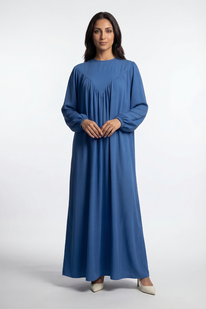 Elegante Abaya mit fließendem Schnitt, V-Falten-Design und Ballonärmeln – stilvoll und bequem für Alltag und besondere Anlässe