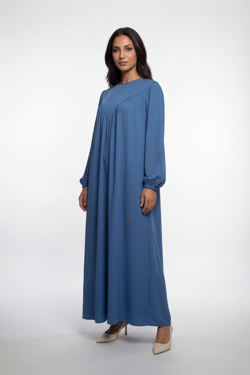 Elegante Abaya mit fließendem Schnitt, V-Falten-Design und Ballonärmeln – stilvoll und bequem für Alltag und besondere Anlässe