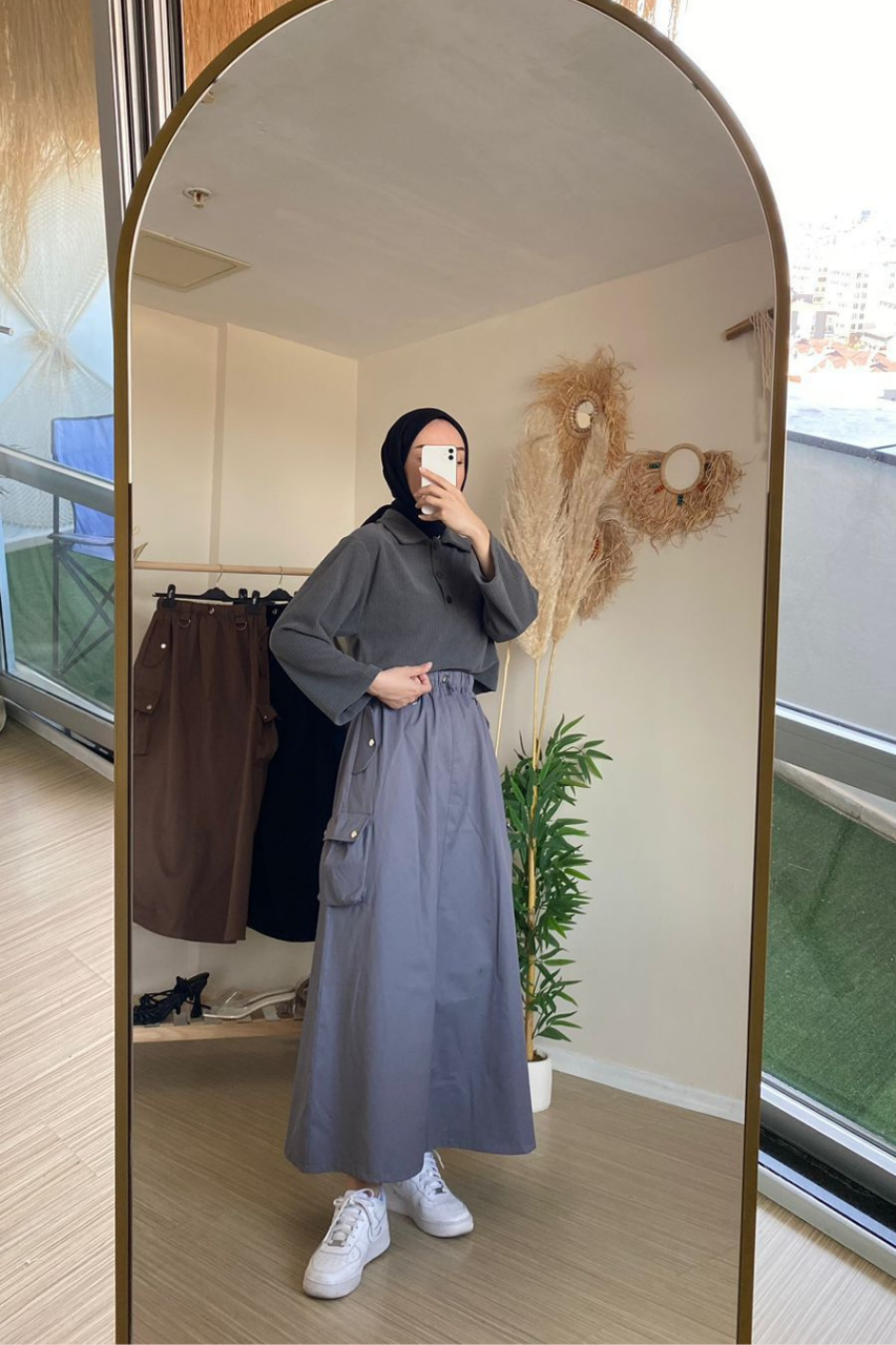 Lässiger Street-Style Rock in A-Linie mit Gummibund, Zugband und großen Taschen – bequemer Freizeitrock aus Gabardine