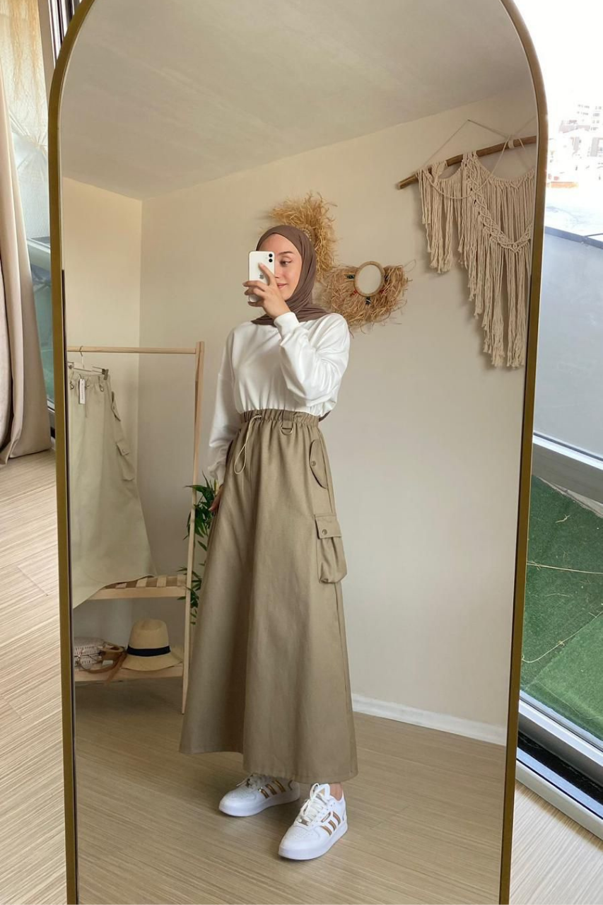 Lässiger Street-Style Rock in A-Linie mit Gummibund, Zugband und großen Taschen – bequemer Freizeitrock aus Gabardine