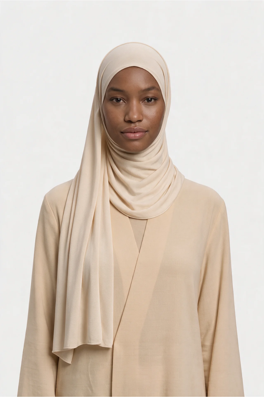 Jersey Schal Creme von SE Merci – Jersey Hijab am Model getragen