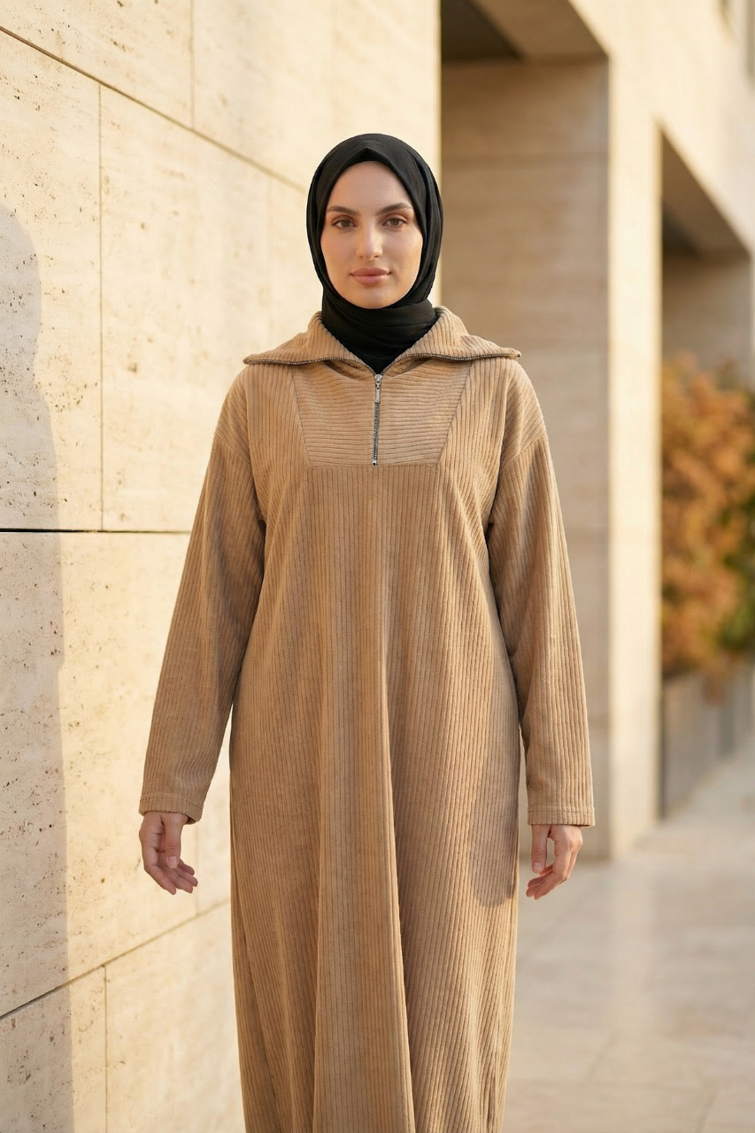 Langes Rippensamtkleid mit Stehkragen, Reißverschluss und Taillengürtel – weiches, warmes Kleid für kalte Tage