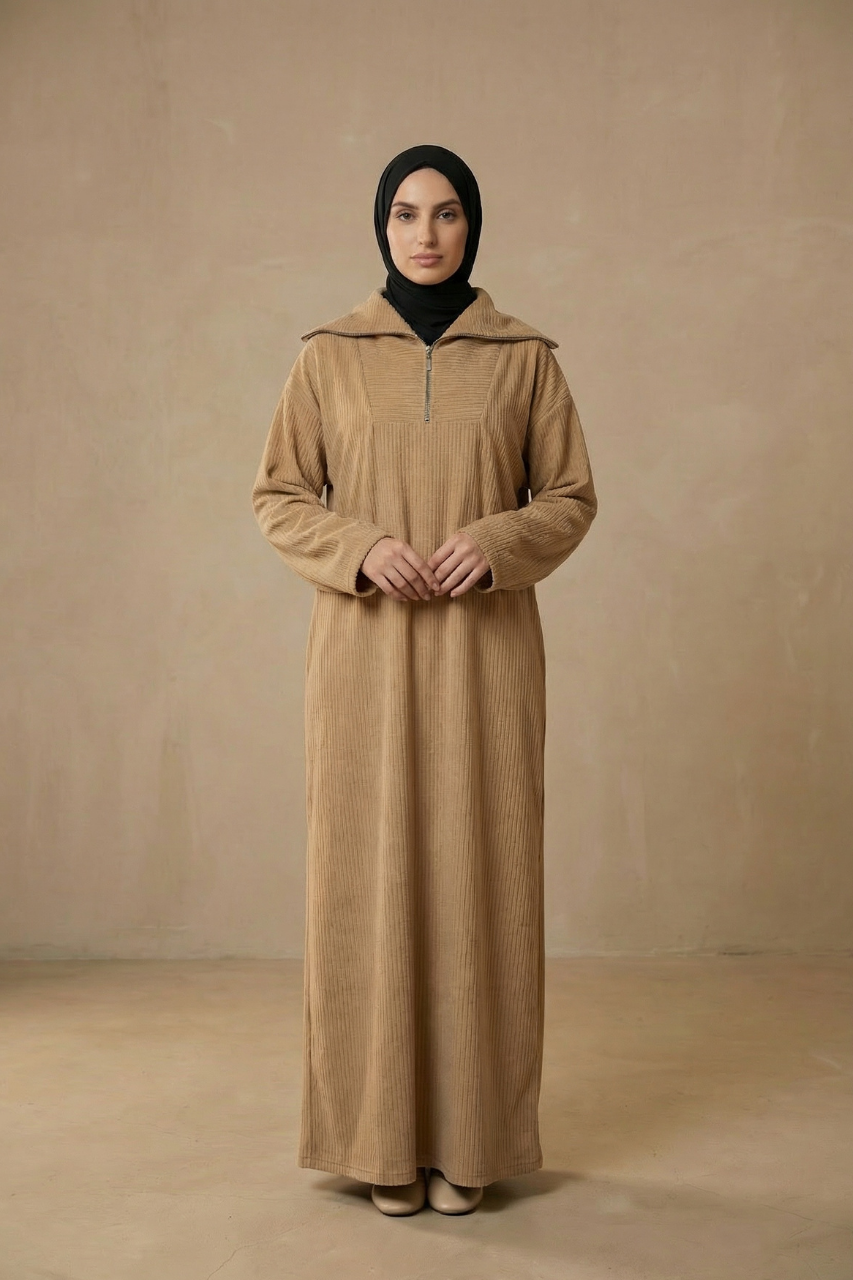 Langes Rippensamtkleid mit Stehkragen, Reißverschluss und Taillengürtel – weiches, warmes Kleid für kalte Tage