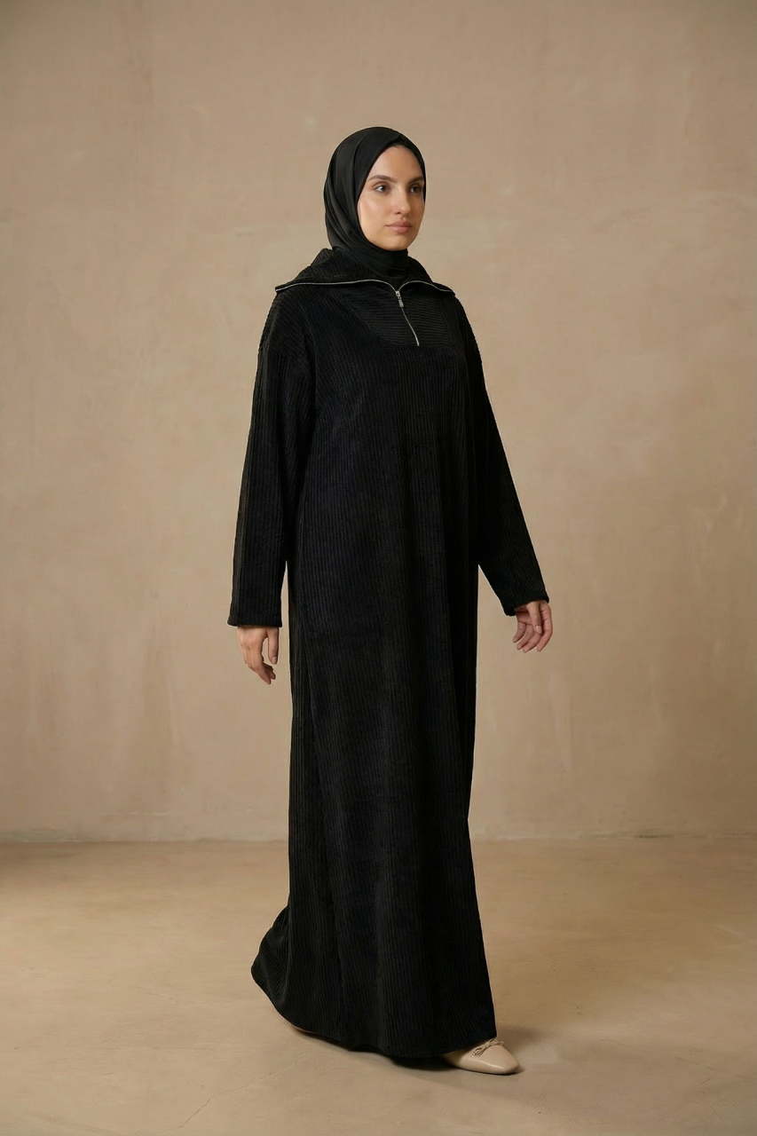 Langes Rippensamtkleid mit Stehkragen, Reißverschluss und Taillengürtel – weiches, warmes Kleid für kalte Tage