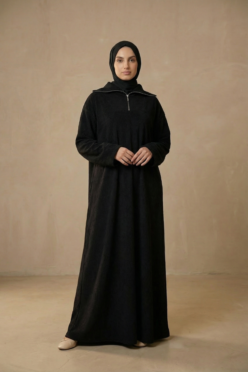 Langes Rippensamtkleid mit Stehkragen, Reißverschluss und Taillengürtel – weiches, warmes Kleid für kalte Tage
